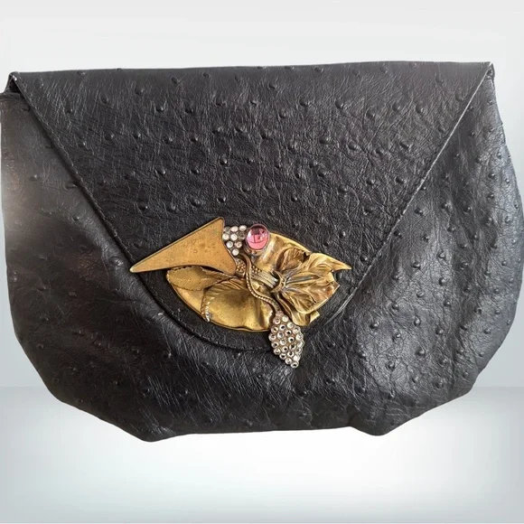 Black Leather Medium Clutch , Ostrich stamped with Artist Brass Buckle - Picture 1 of 4